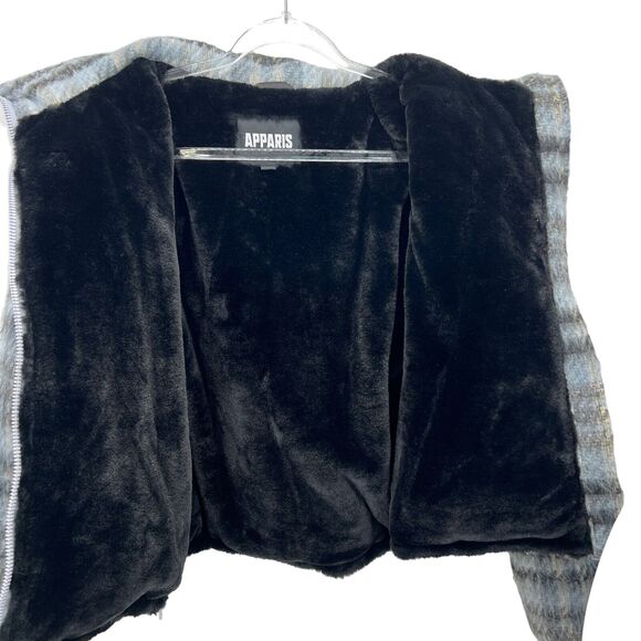 APPARIS Josh Cropped Puffer Jacket Womens SZ XS Blue Black Plaid Faux Fur Lined - Picture 4 of 11